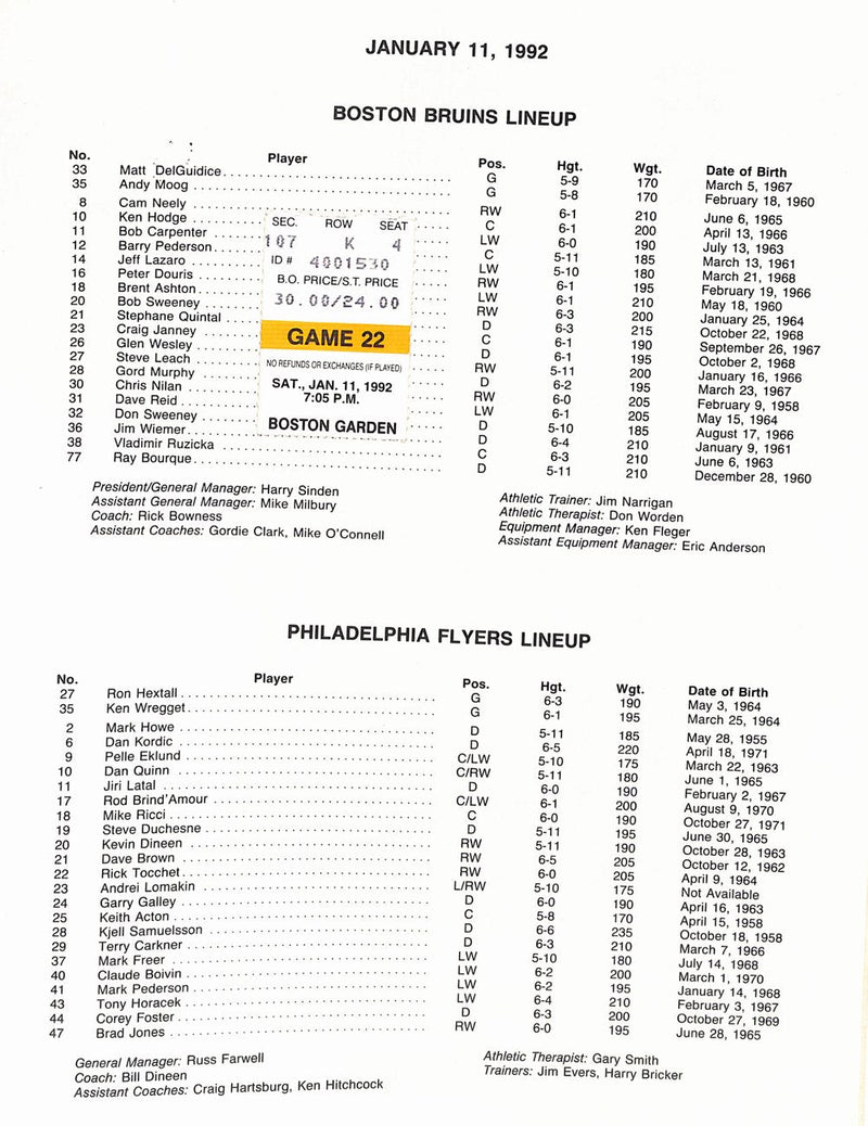 January 11 1992 Boston Bruins vs Flyers Game Program + Ticket Stub 181799