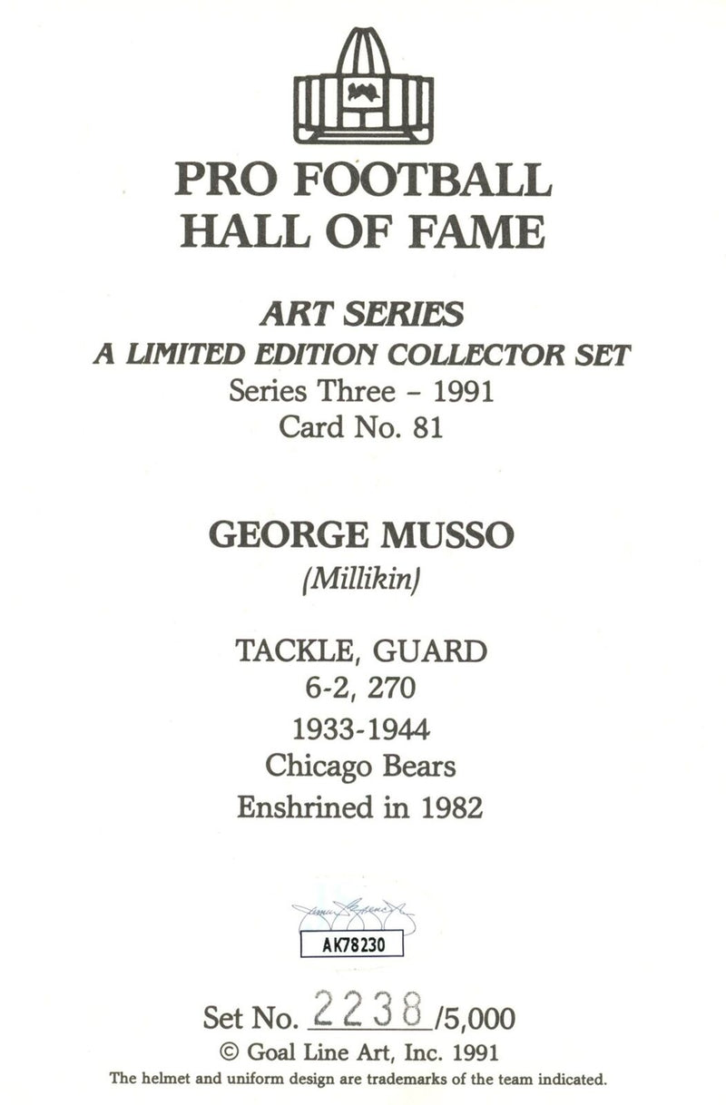 George Musso HOF Autographed Goal Line Art GLAC Postcard Bears JSA 180890
