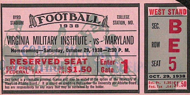 October 29,1938 VMI vs. Maryland College Football Ticket Stub 181675