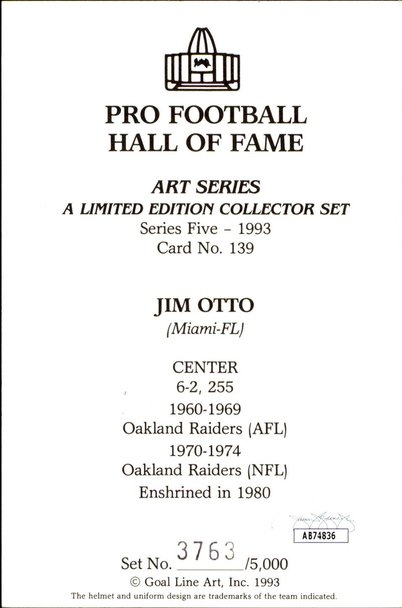 Jim Otto HOF Autographed/Inscr Goal Line Art GLAC Postcard Oakland Raiders JSA