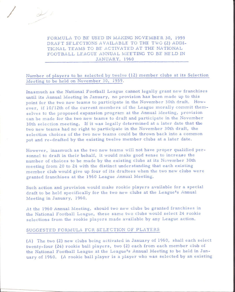1959 NFL Document For 1960 Drafting of Players by Two Expansion Teams 151633