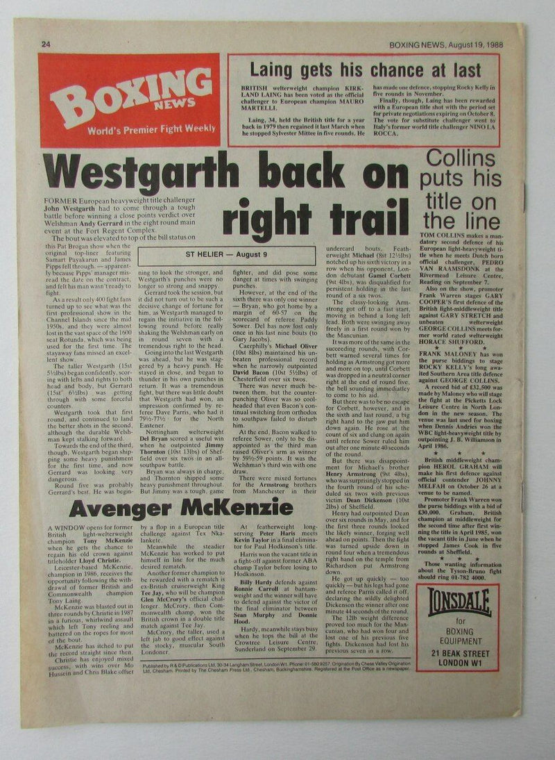 August 19, 1988 Boxing News Magazine Mike Tyson vs. Frank Bruno
