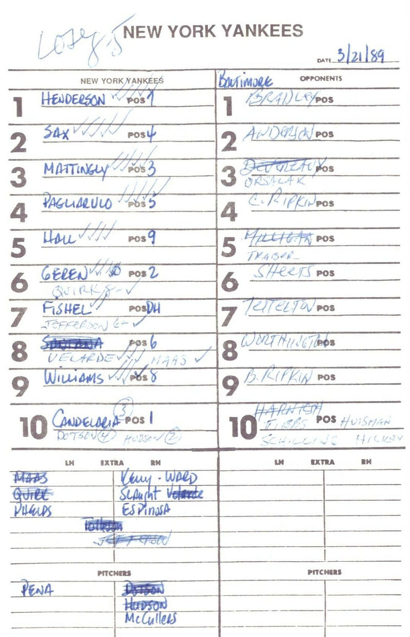 1989 New York Yankees Spring Training 5.5x8.5 Lineup Card vs.Orioles 151524