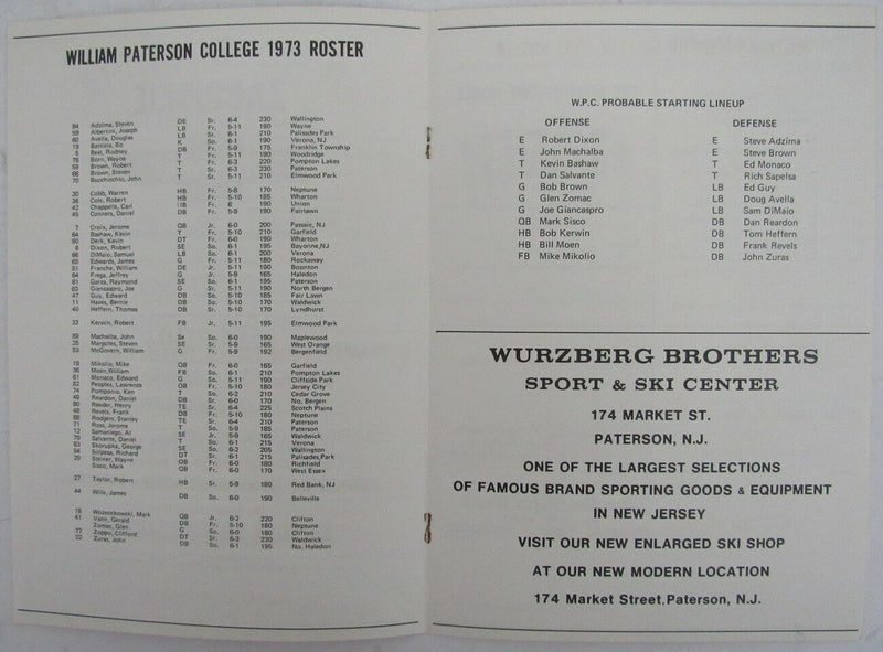 1973 William Peterson College vs. Frostburg State Football Game Program 148797
