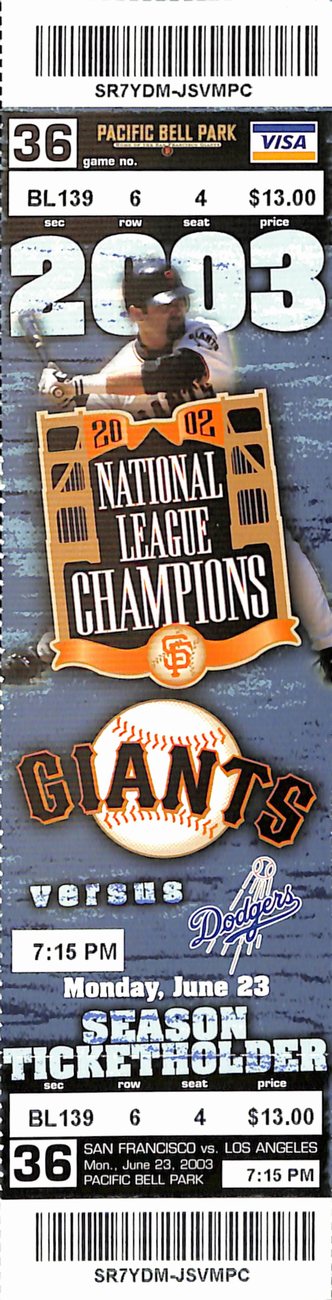 Barry Bonds First Player to 500 HR and 500 SB Full Ticket Giants 6/23/2003