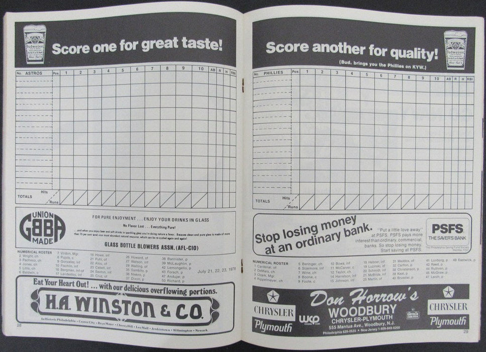1978 Souvenir Program/Scorecard Phillies vs. Astros 153252