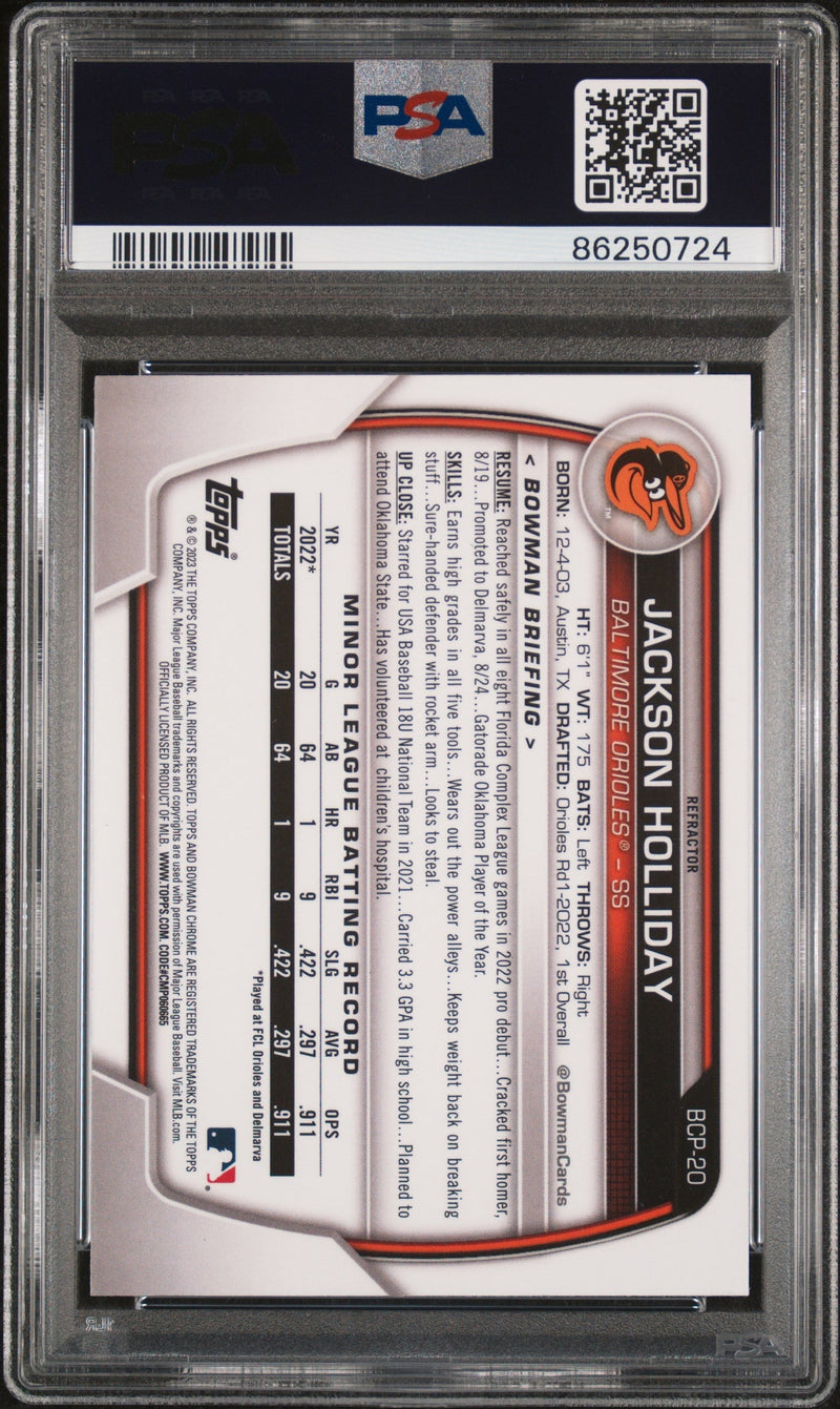 Graded 2023 Topps Bowman Jackson Holliday #BCP20 Chrome Prospects Lunar Glow Refractor Rookie RC Baseball Card PSA 10 Gem Mint