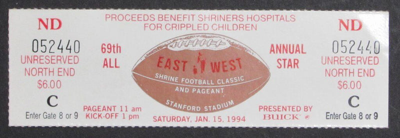 1994 East vs. West Shrine Game Ticket Stub Stanford Stadium  1/15/94