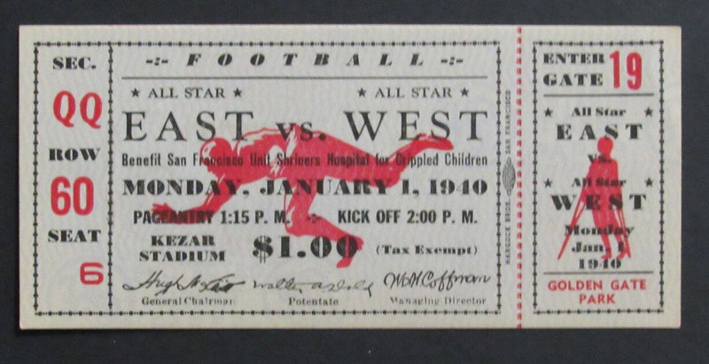 1940 East vs. West All Star College Football Game Full Ticket