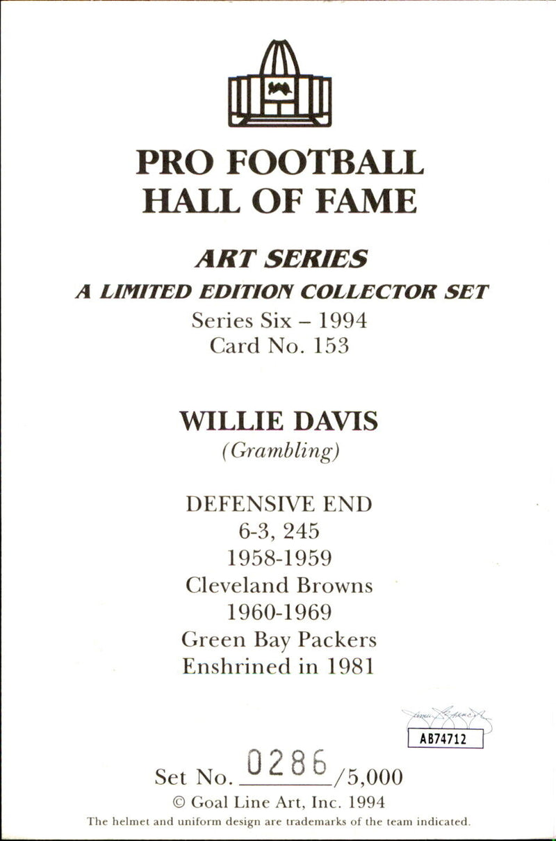 Willie Davis HOF Autographed Goal Line Art GLAC Postcard Green Bay Packers JSA