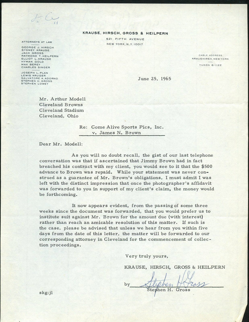June 25, 1965 Series of Letters to  Browns Art Modell and Jim Brown 144991