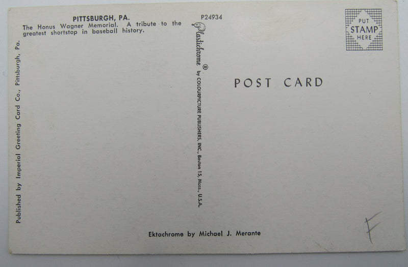 Honus Wagner Pirates Baseball Memorial Pittsburgh, PA Postcard 1950's