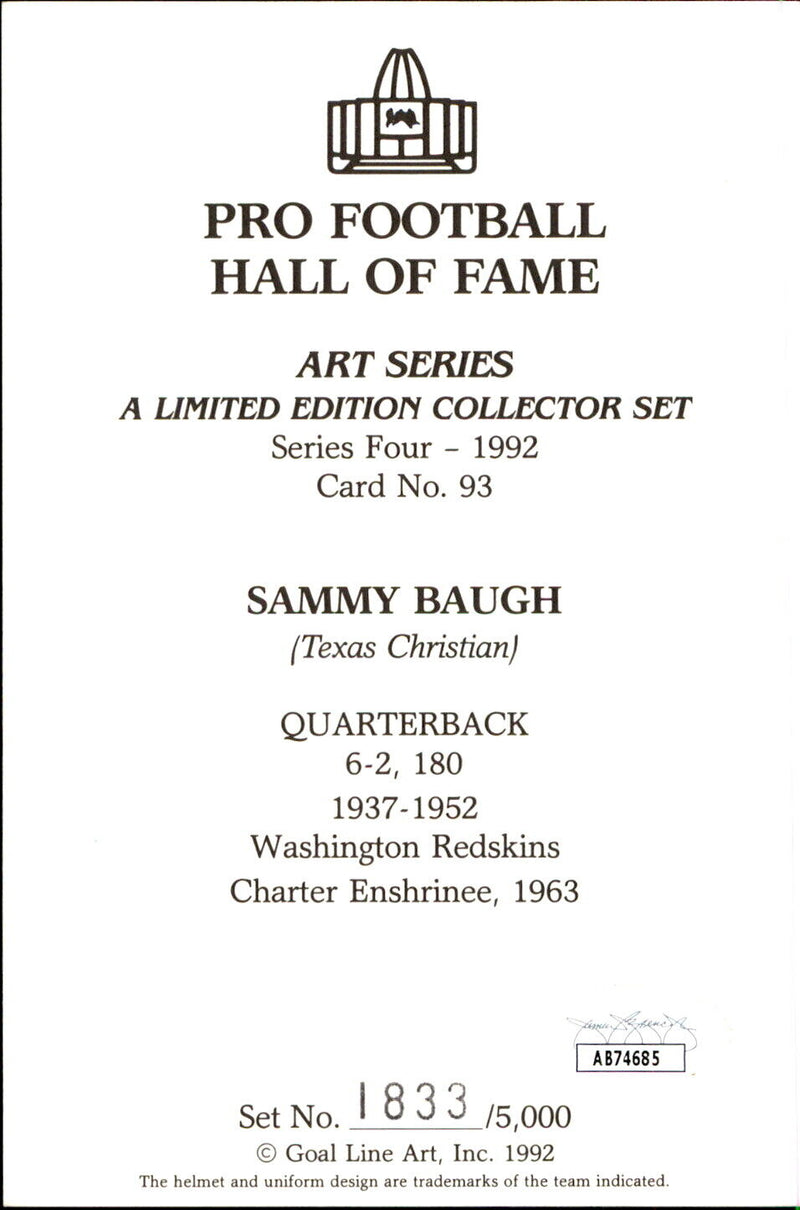 Sammy Baugh HOF  Autographed Goal Line Art GLAC Postcard Washington Redskins JSA