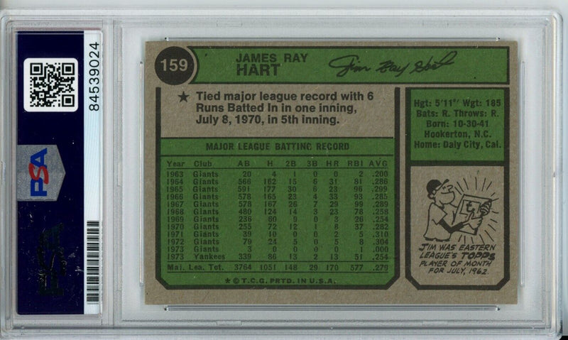 Jim Ray Hart Yankees Signed/Autographed 1974 TOPPS Card #159 PSA/DNA 166850
