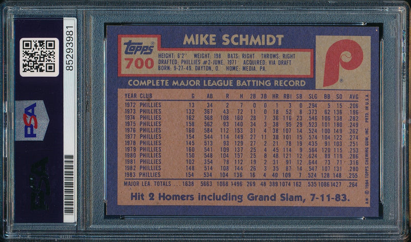 1984 Topps Mike Schmidt Phillies Card #700 Signed PSA/DNA GEM MINT 10 190431