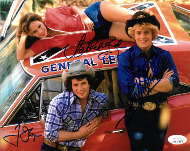 Dukes of Hazzard signed 3 Sig 8x10 Photo- JSA Witnessed Tom Wopat (Luke)/John Schneider (Bo) & Catherine Bach (Daisy)