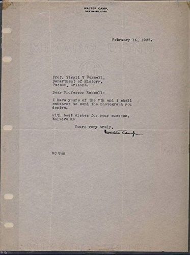 WALTER CAMP Autographed/Signed 1922 Letter TLS YALE