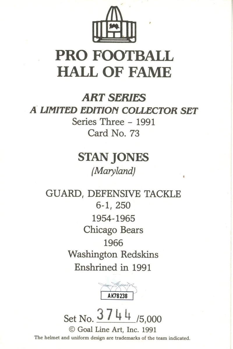 Stan Jones HOF Autographed Goal Line Art GLAC Postcard Bears JSA 180898