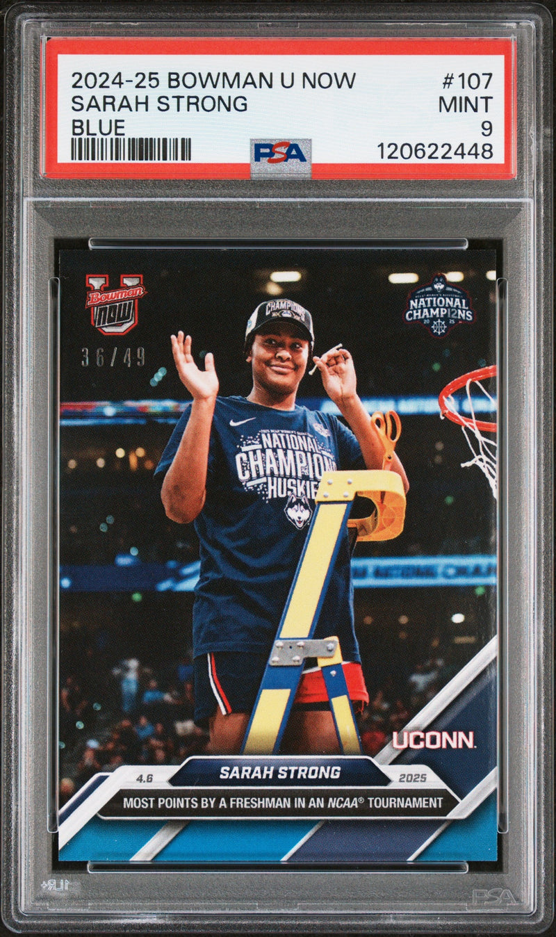 Graded 2024 Topps Bowman U Now Sarah Strong #107 Blue /49 Rookie RC Basketball Card PSA 9 Mint