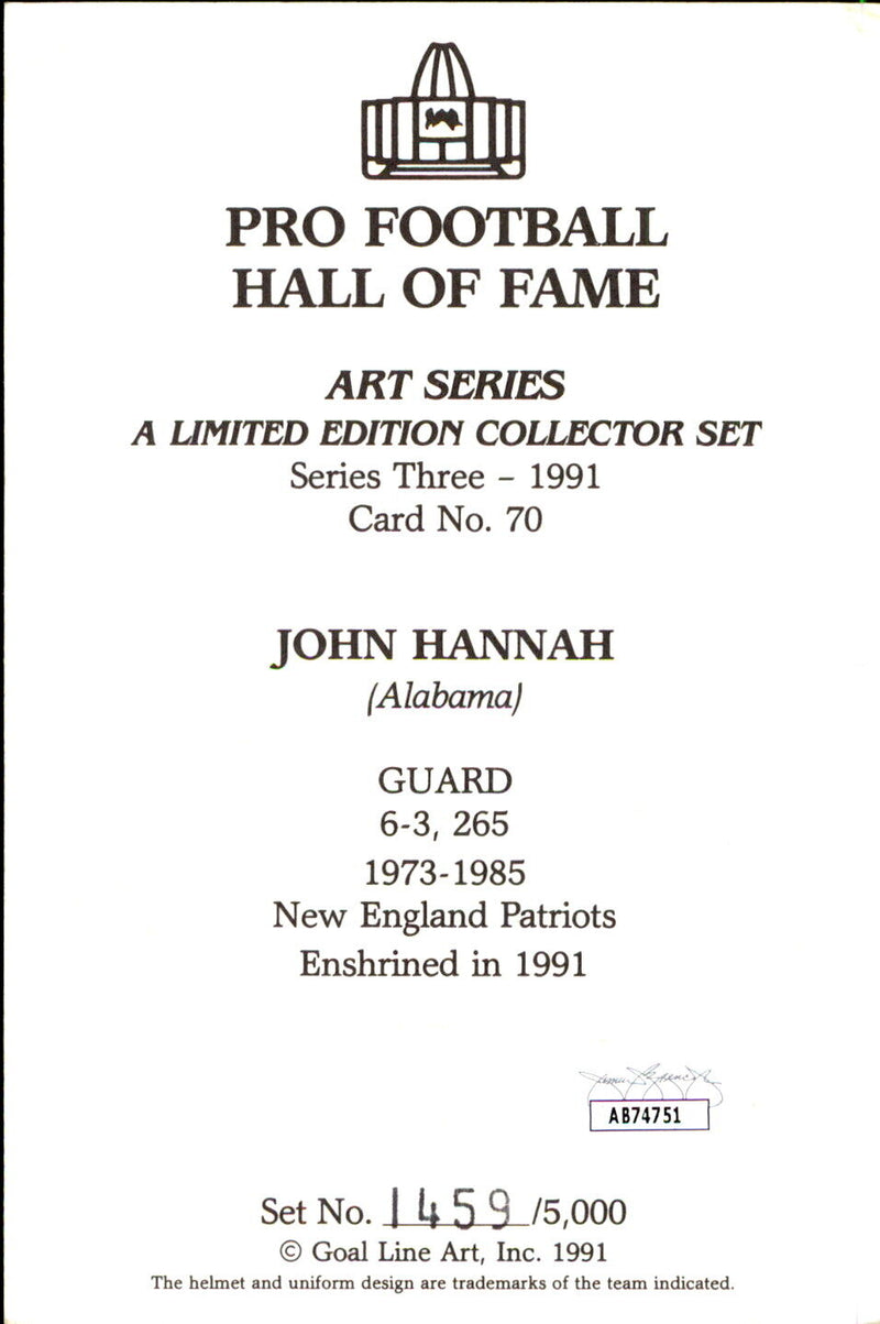 John Hannah HOF Autographed/Inscr Goal Line Art GLAC Postcard Patriots JSA