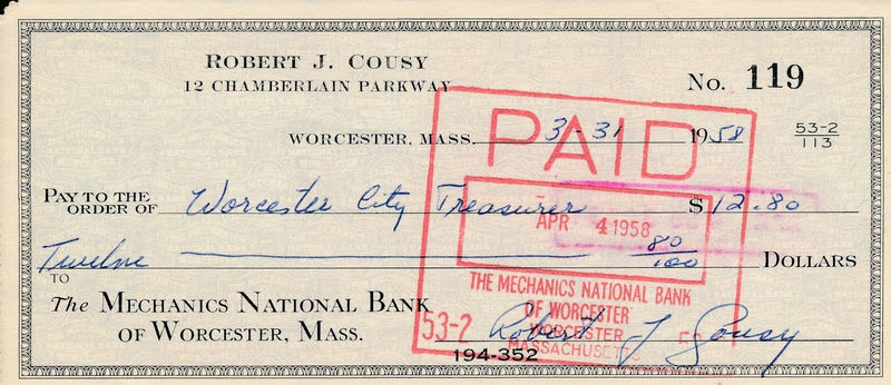 Bob Cousy HOF Boston Celtics Signed/Autographed 1958 Bank Check JSA 165562