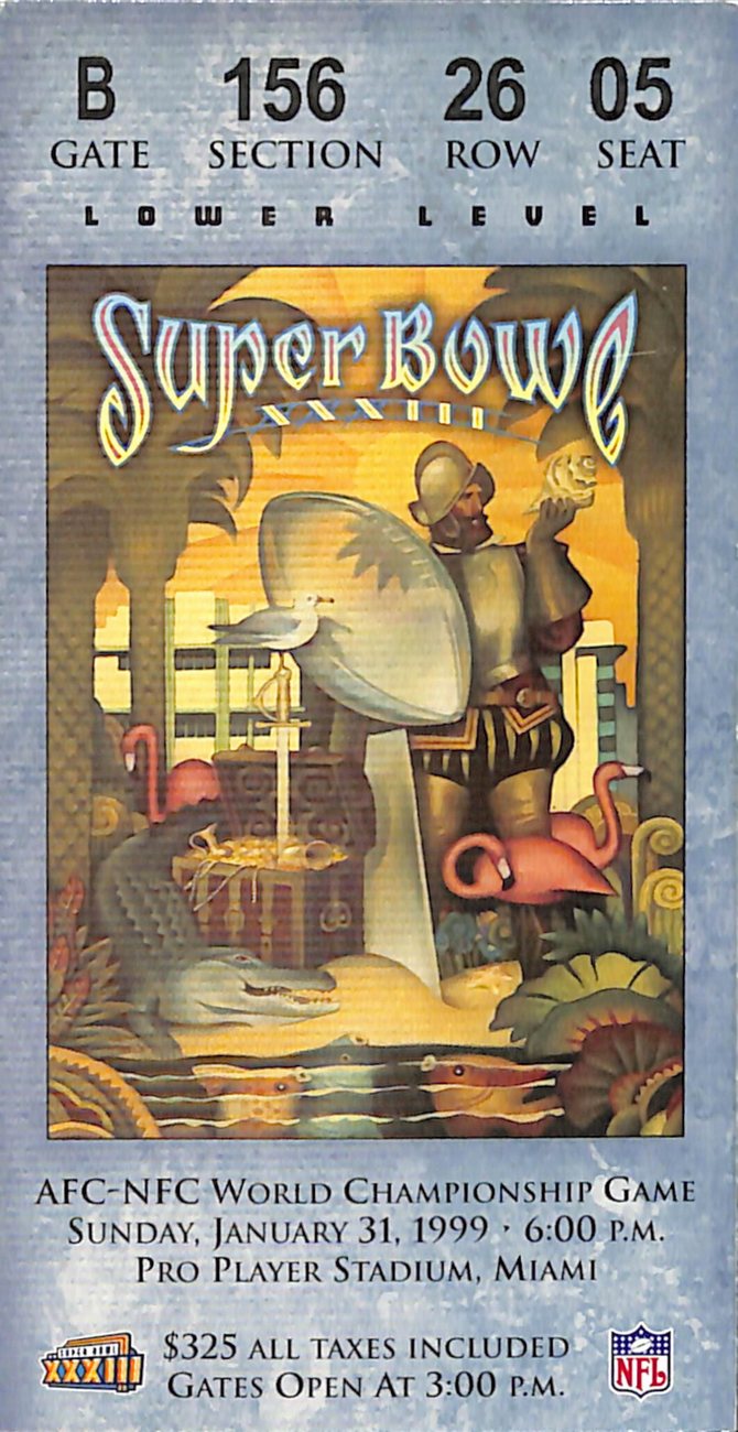 Super Bowl XXXIII Vintage Broncos-Falcons Ticket Stub John Elway MVP BA187582