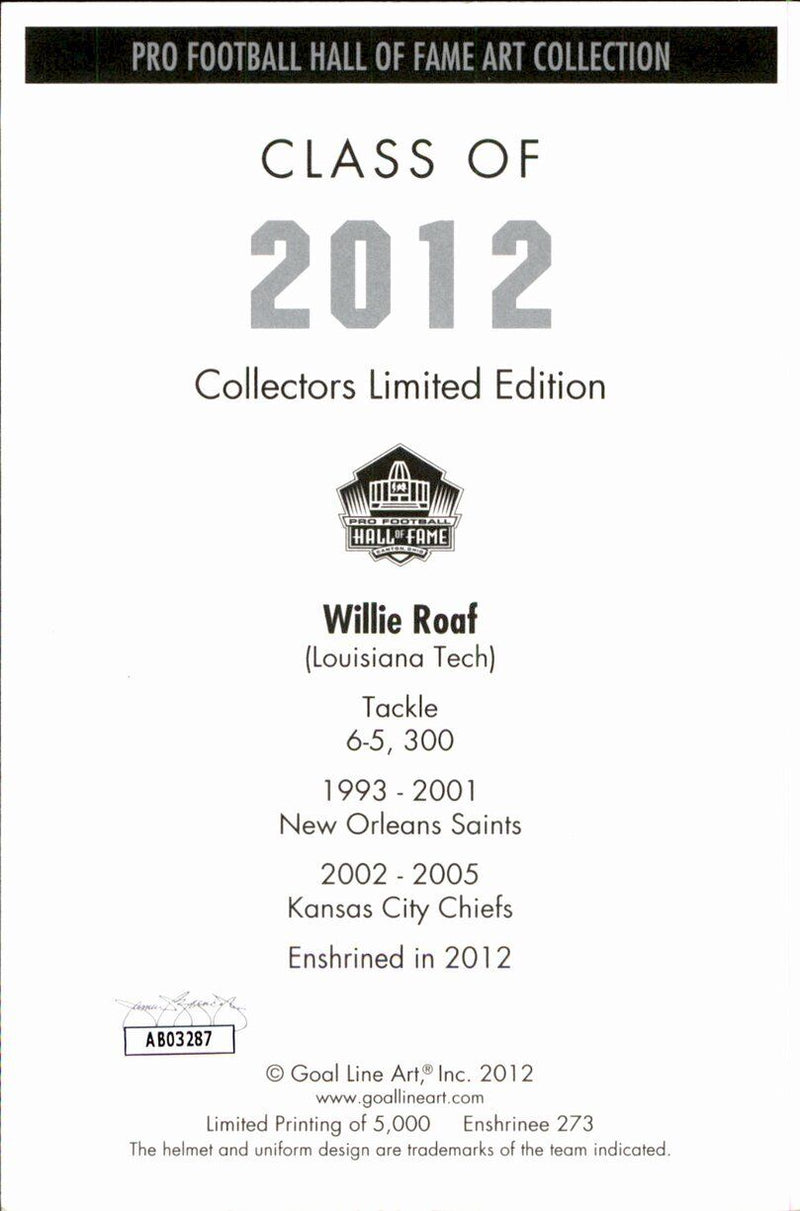 Willie Roaf HOF Saints Signed/Inscr Goal Line Art GLAC Postcard JSA 167177