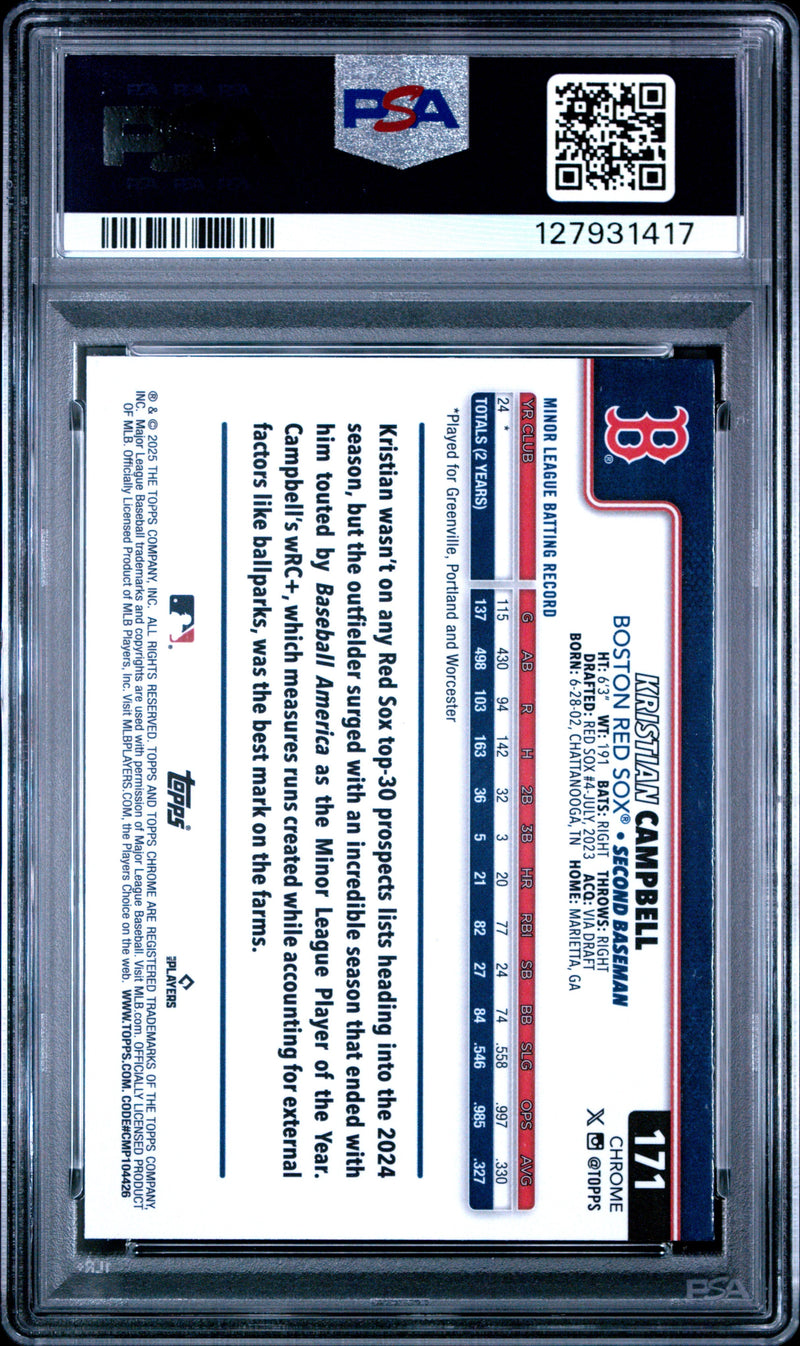 Graded 2025 Topps Chrome Kristian Campbell #171 Sepia Refractor Rookie RC Baseball Card PSA 8 Near Mint