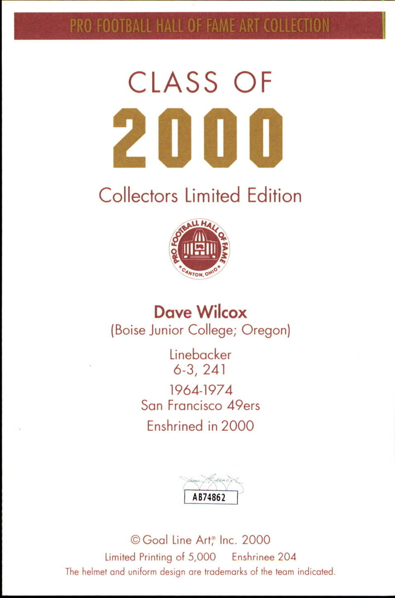 Dave Wilcox HOF Autographed/Inscribed Goal Line Art GLAC Postcard 49ers JSA