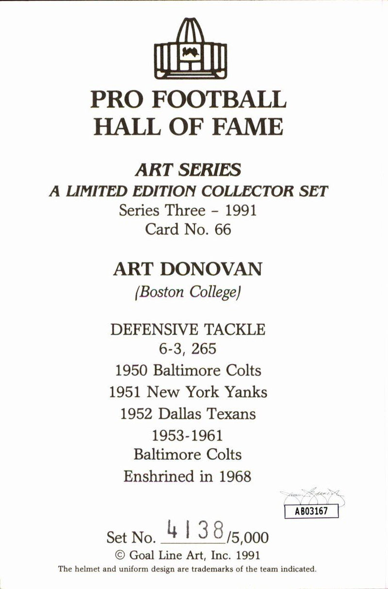 Art Donovan HOF Colts Signed/Inscr Goal Line Art GLAC Postcard JSA 167070