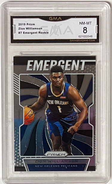 Zion Williamson 2019-20 Panini Prizm Emergent Rookie Card (RC) #7- GMA Graded 8 NM-MT (New Orleans Pelicans)
