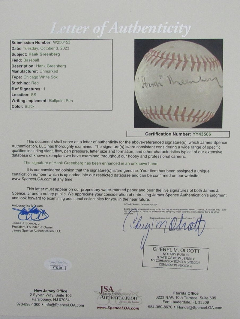 Hank Greenberg HOF Signed/Autographed White Sox Official Baseball JSA 192451