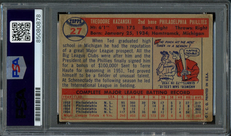 Ted Kazanski Signed 1957 Topps Trading Card #27 Phillies PSA/DNA 184000