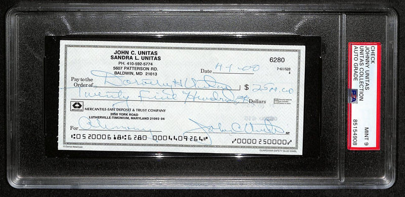 Johnny Unitas HOF Signed/Autographed 2000 Bank Check Colts PSA/DNA MINT 9 189590