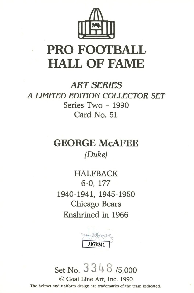 George McAfee HOF Autographed Goal Line Art GLAC Postcard Bears JSA 181001
