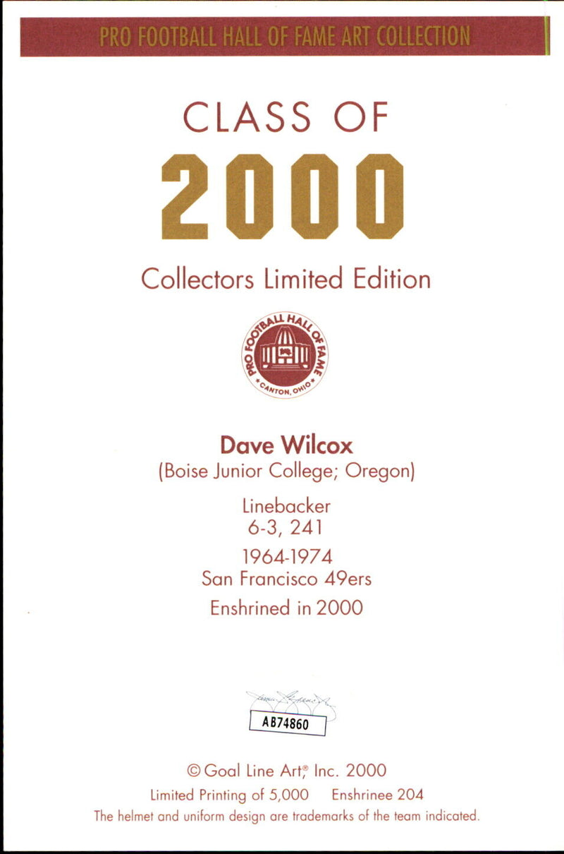 Dave Wilcox HOF Autographed/Inscribed Goal Line Art GLAC Postcard 49ers JSA