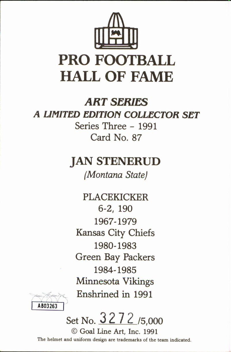 Jan Stenerud HOF Chiefs Signed/Inscr Goal Line Art GLAC Postcard JSA 167151
