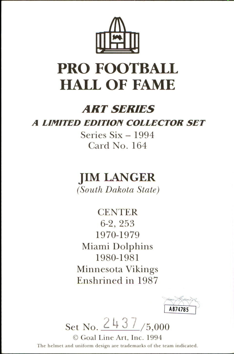 Jim Langer HOF Autographed/Inscr Goal Line Art GLAC Postcard Miami Dolphins JSA