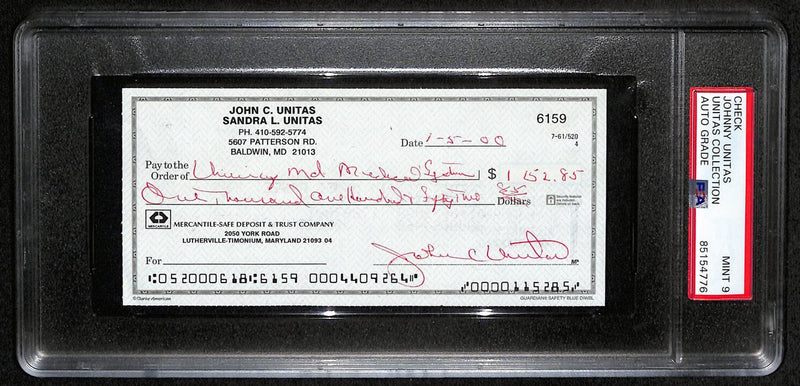 Johnny Unitas HOF Signed/Autographed 2000 Bank Check Colts PSA/DNA MINT 9 189577