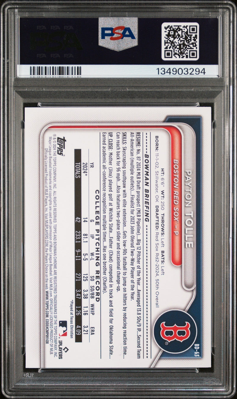 Graded 2024 Topps Bowman Draft Payton Tolle #BD63 Rookie RC Baseball Card PSA 10 Gem Mint