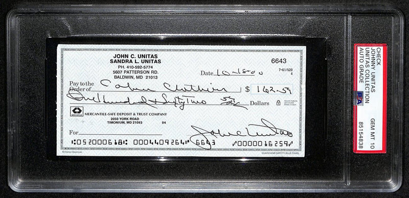 Johnny Unitas HOF Signed/Auto 2000 Bank Check Colts PSA/DNA GEM MT 10 189585