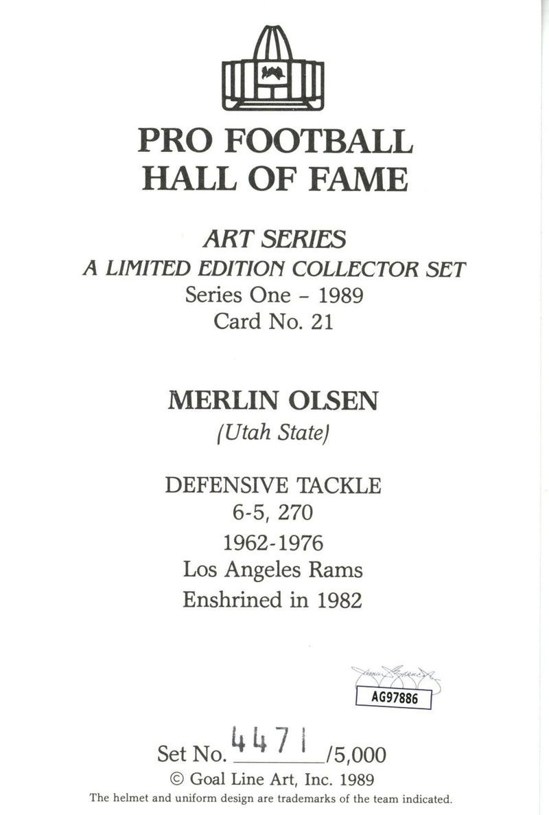 Merlin Olsen HOF Autographed Goal Line Art GLAC Postcard Rams JSA