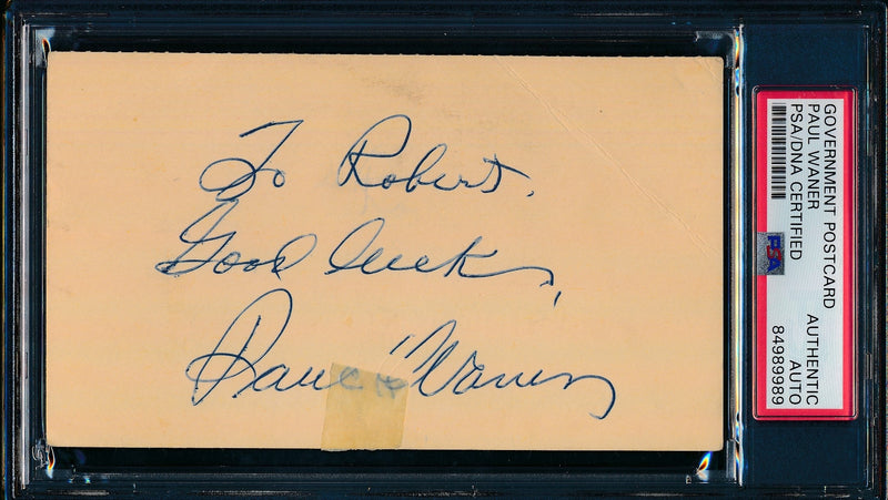 Paul Waner HOF Autographed/Inscr 1949 GPC Government Postcard Pirates PSA/DNA