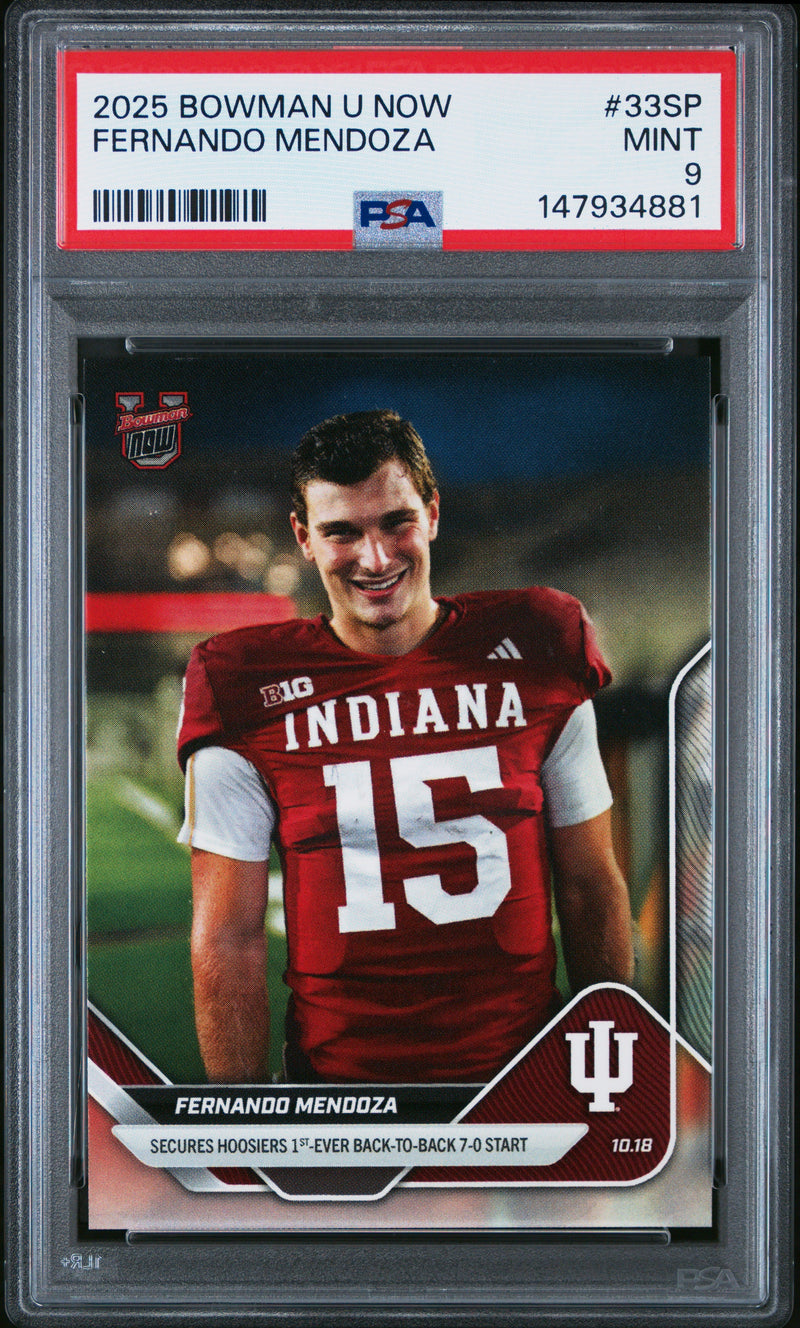 Graded 2025 Topps Bowman U Now Fernando Mendoza #33SP Rookie RC Football Card PSA 9 Mint
