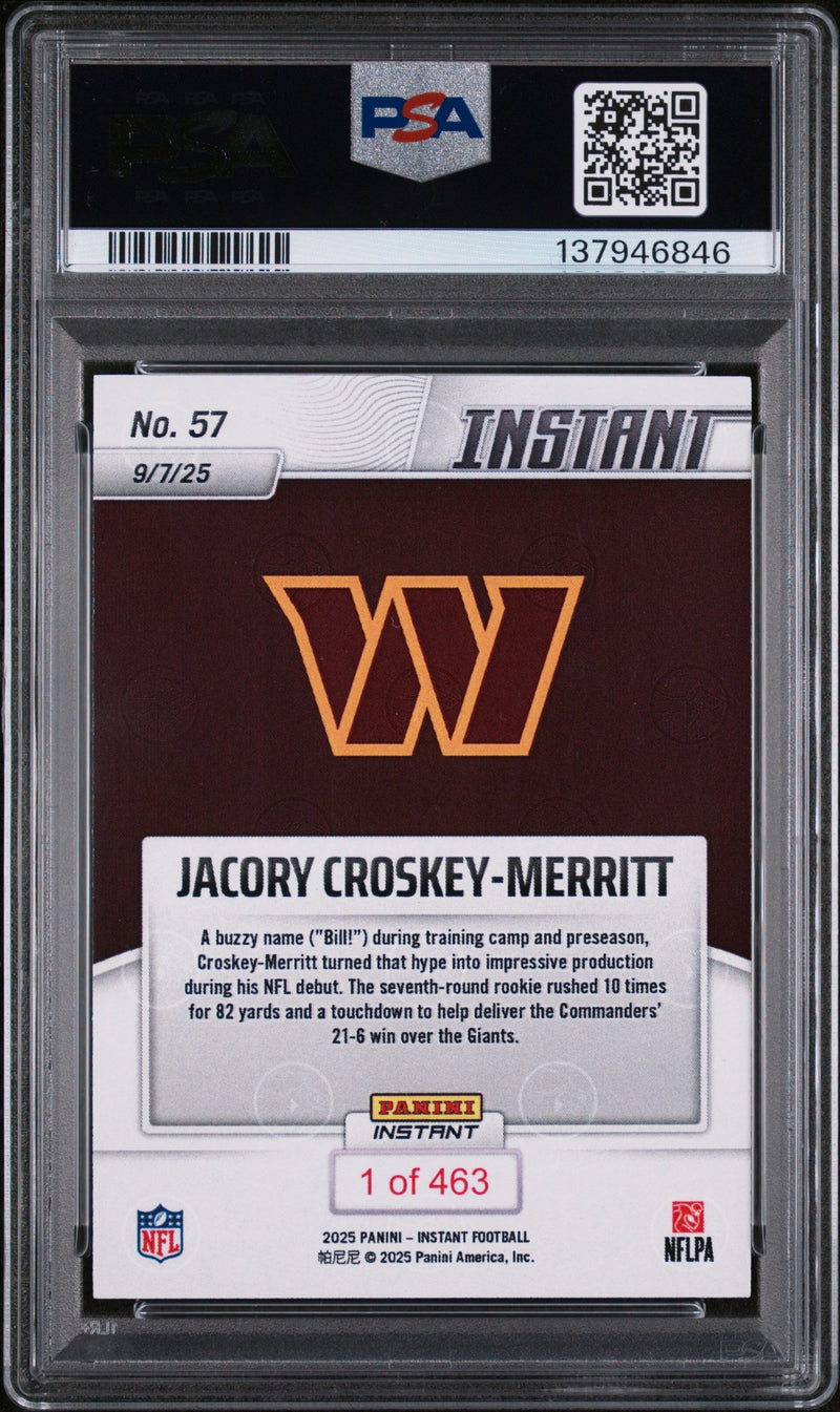 Graded 2025 Panini Instant Jacory Croskey-Merritt #57 Rookie RC Football Card PSA 9 Mint