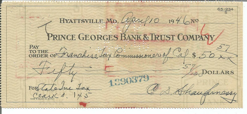 Clark Shaughnessy CHOF Signed/Autographed 1946 Bank Check 150335