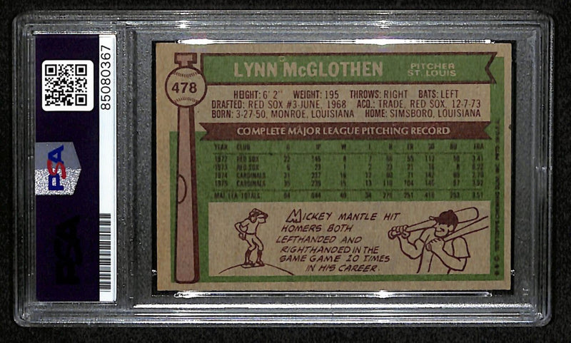 Lynn McGlothen Signed 1976 Topps Card #478 St. Louis Cardinals PSA/DNA 184378