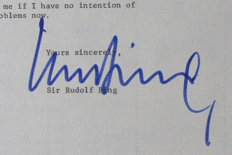 Sir Rudolf Bing Opera Autographed 1975 TLS Typed Letter Signed PSA/DNA 177032