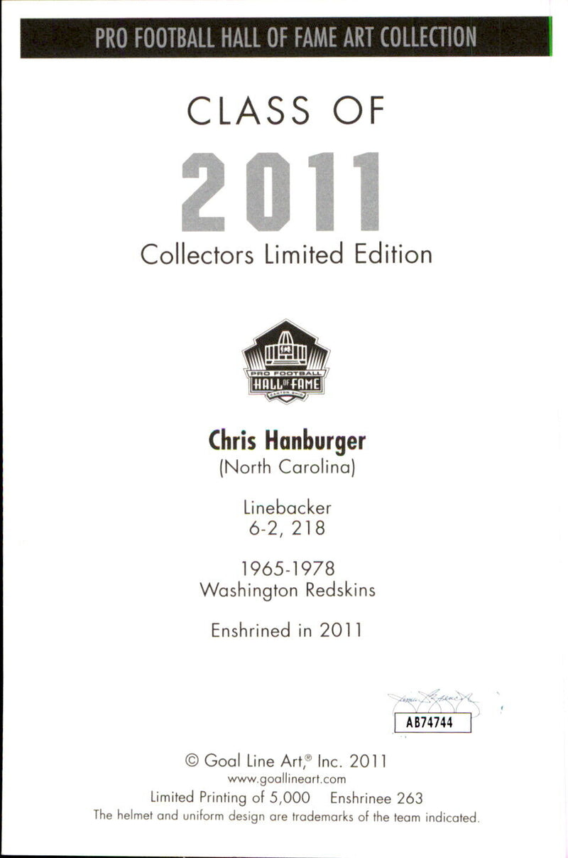 Chris Hanburger HOF Autographed/Inscr Goal Line Art GLAC Postcard Redskins JSA