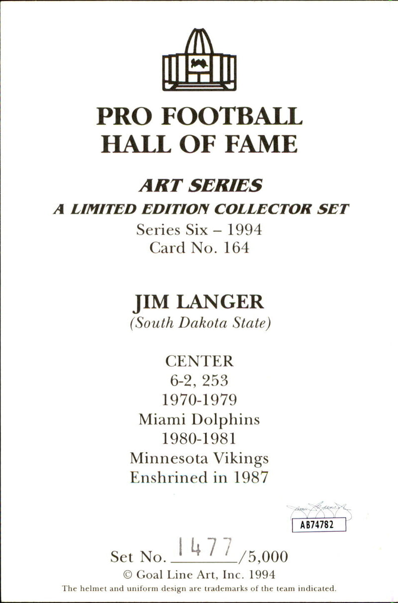 Jim Langer HOF Autographed/Inscr Goal Line Art GLAC Postcard Miami Dolphins JSA